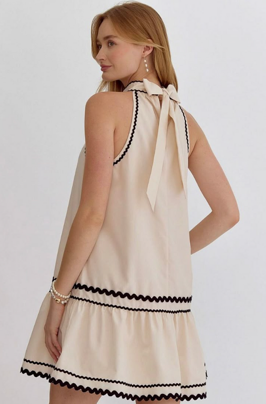 Khaki Striped Ricrac Sleeveless Mini Dress