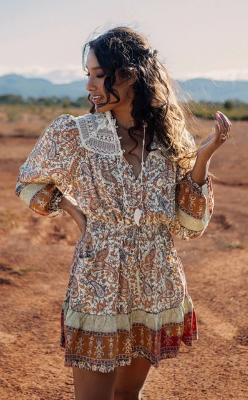 Multicolor Split Neck Paisley Ruffle Mini Dress