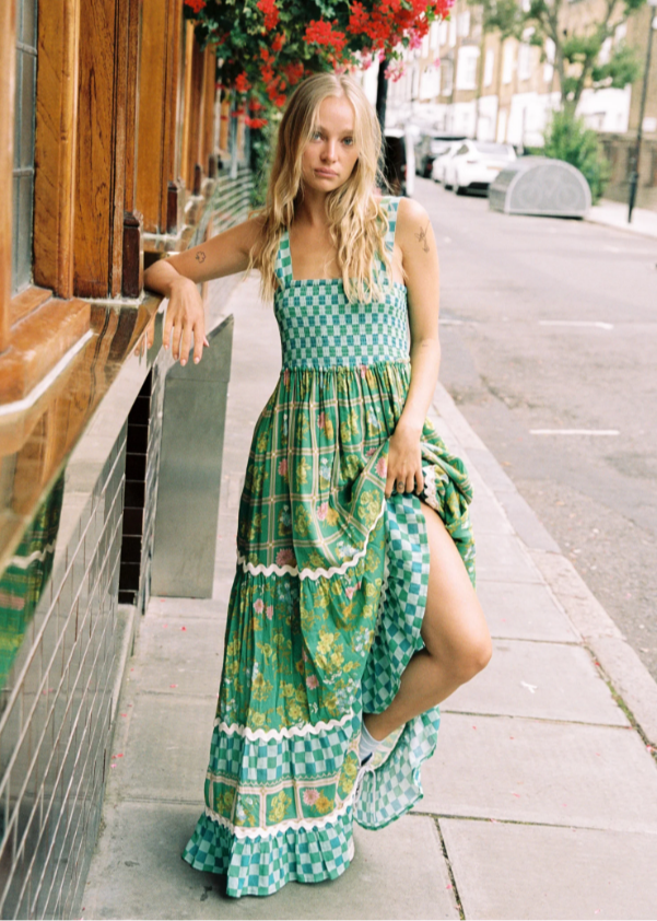 Green Mix Printed Square Neck Tiered Dress