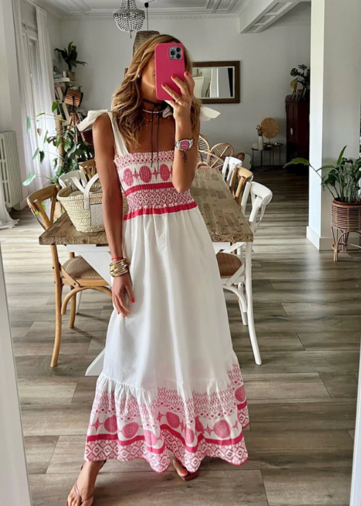 Smocked Printed Tie Shoulder Maxi Dress