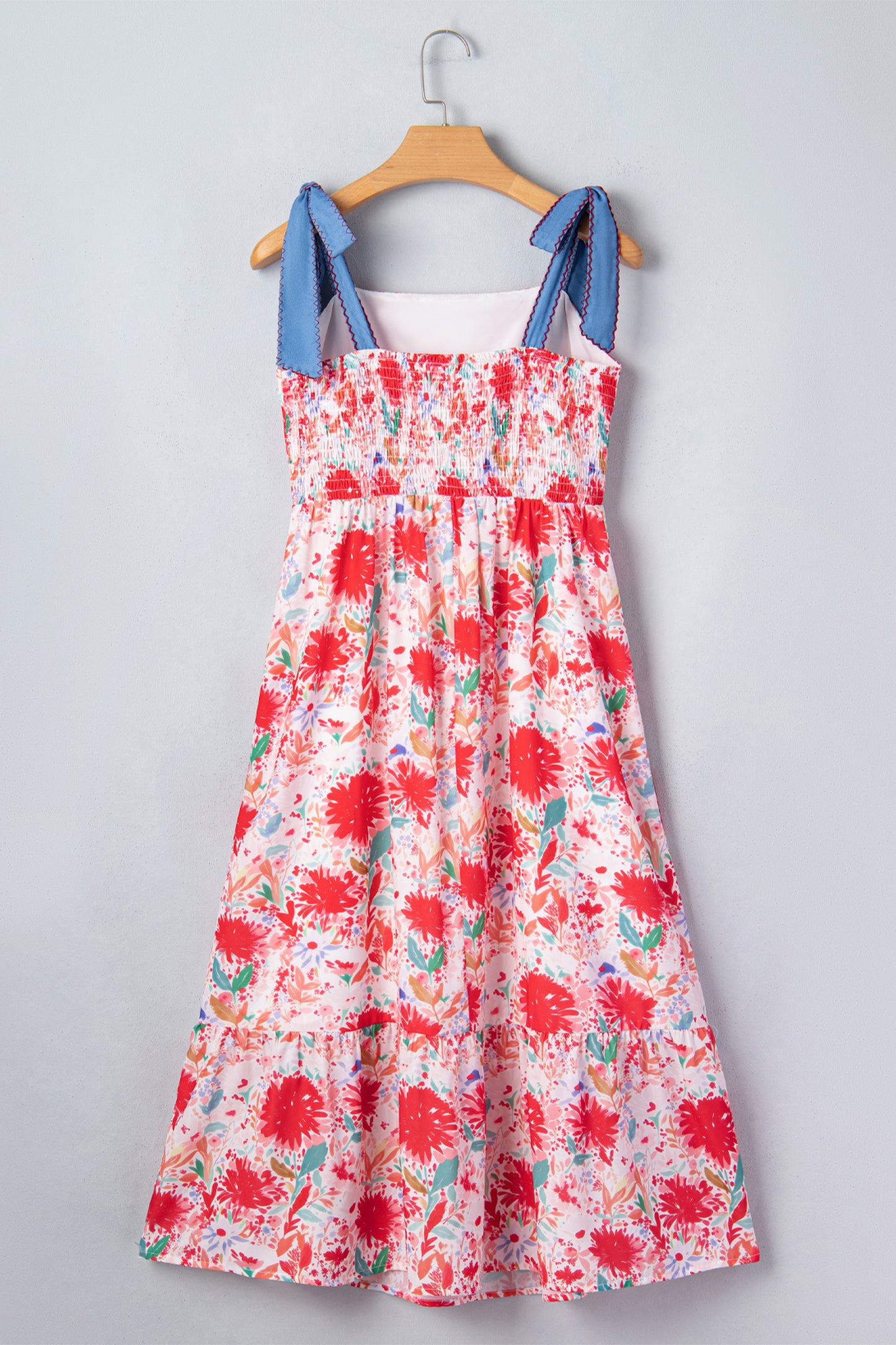 Floral Print Contrast Stitched Knot Denim Straps High Waist Dress