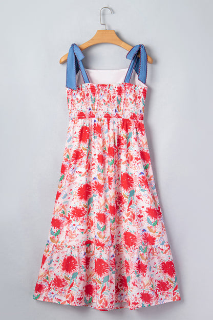Floral Print Contrast Stitched Knot Denim Straps High Waist Dress