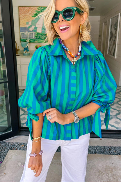 Stripe Tie Puff Sleeve Womens Button Down Shirt
