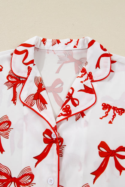 Red Christmas Bow Print Long Sleeve 2pcs Pajama Set