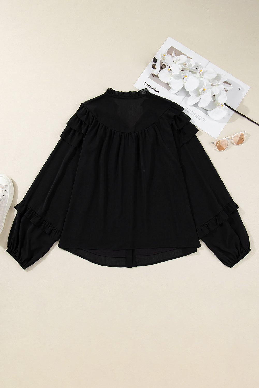 Black Ruffle Balloon Sleeve Chiffon Elegant Plus Size Shirt