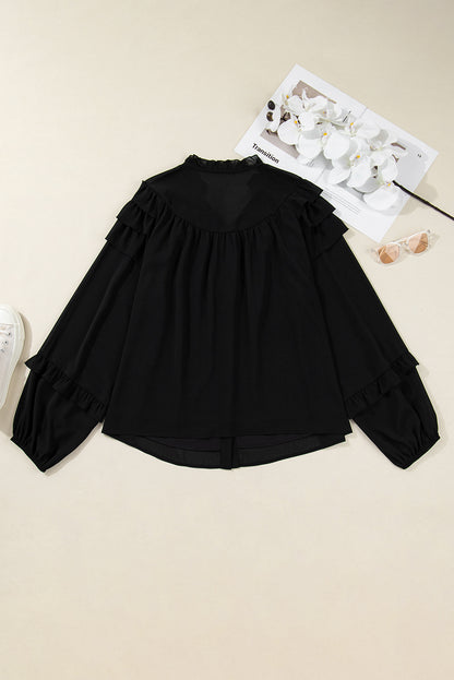 Black Ruffle Balloon Sleeve Chiffon Elegant Plus Size Shirt