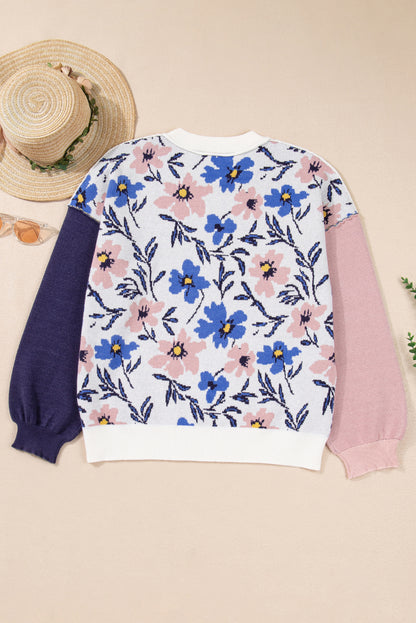 Khaki Vibrant Floral Contrast Colorblock Sleeve Pullover Sweater