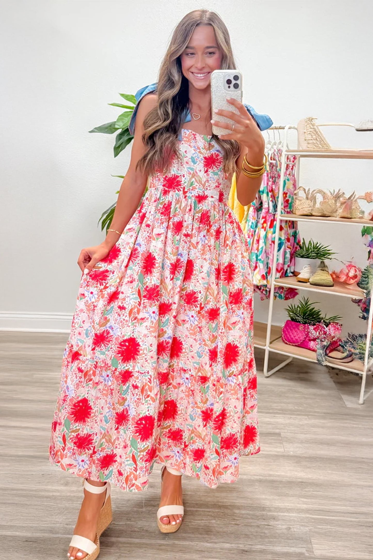 Floral Print Contrast Stitched Knot Denim Straps High Waist Dress
