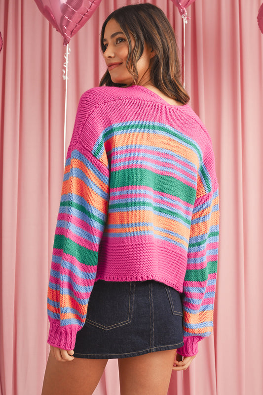 Rose Striped Puff Sleeve Open Front Cardigan