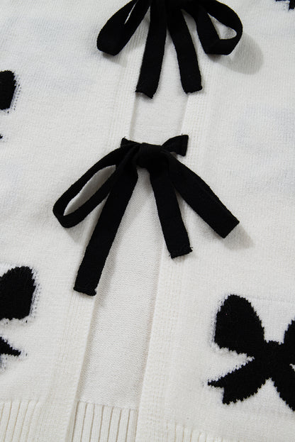 White Lace-Up Front Bow Pattern Round Neck Knit Cardigan