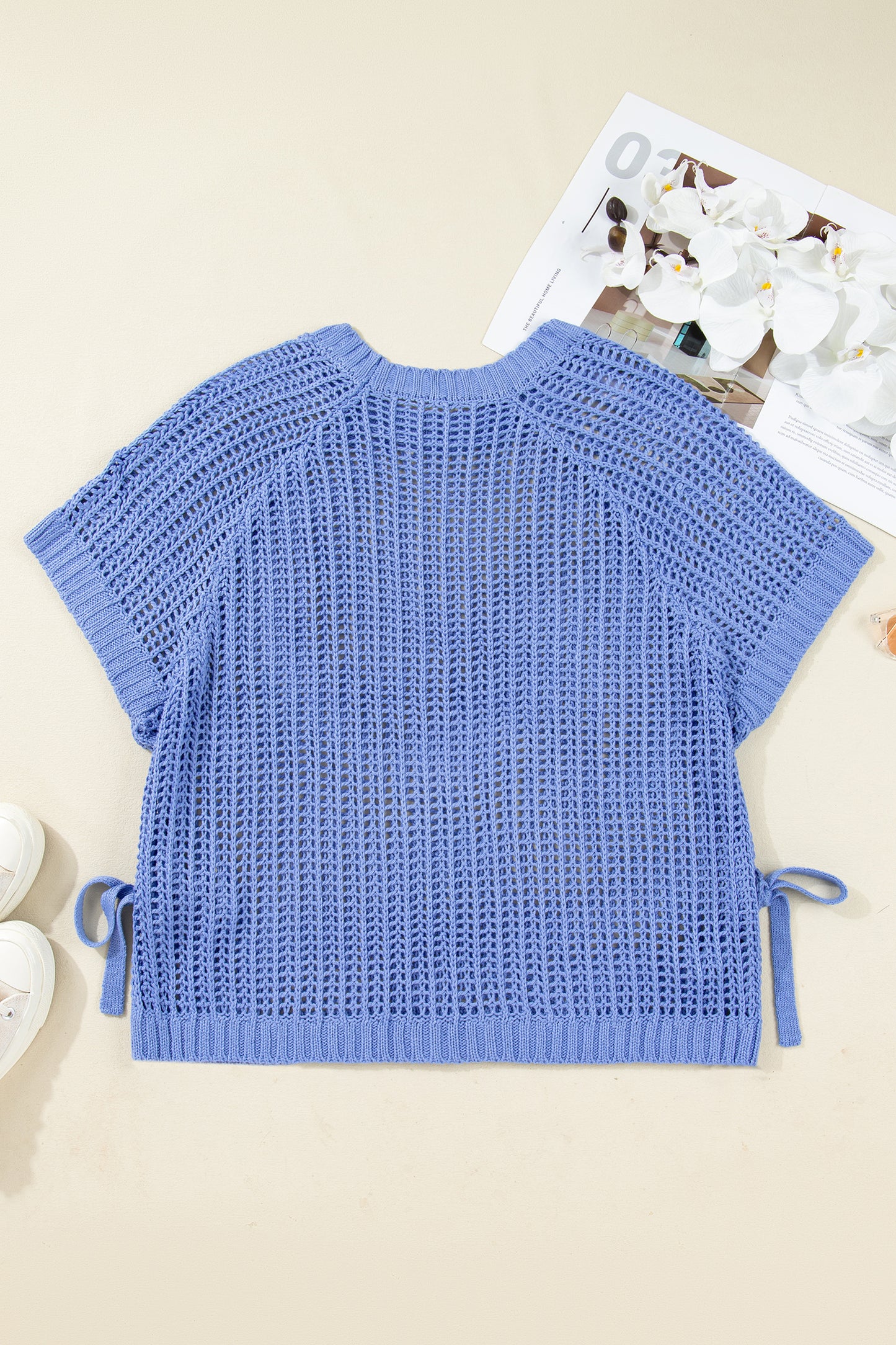 Open Knit Bow Tie Short Sleeve Sweater