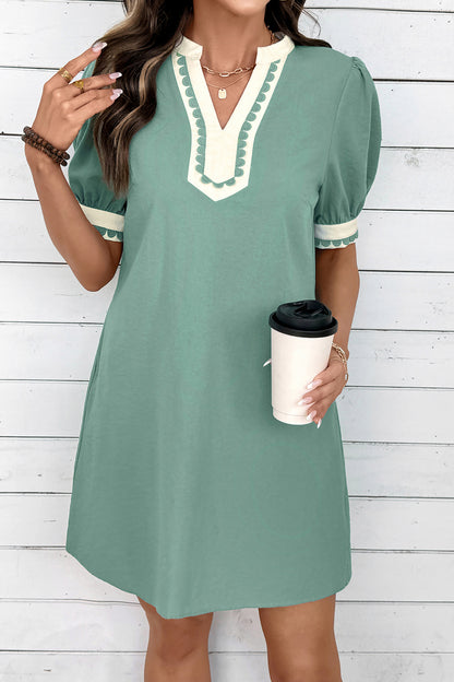 Scallop Color Block Trim Puff Sleeve Mini Dress