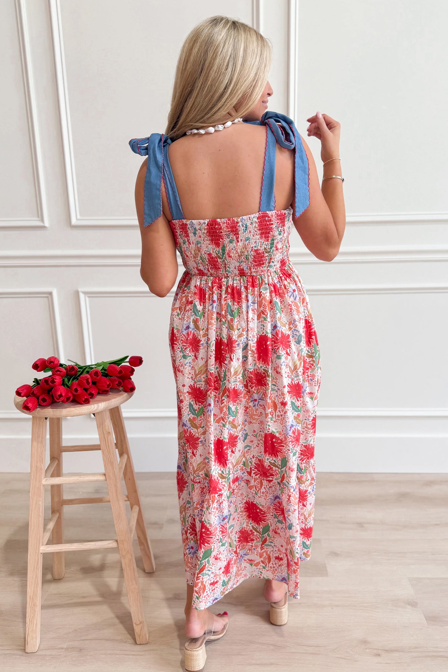 Floral Print Contrast Stitched Knot Denim Straps High Waist Dress