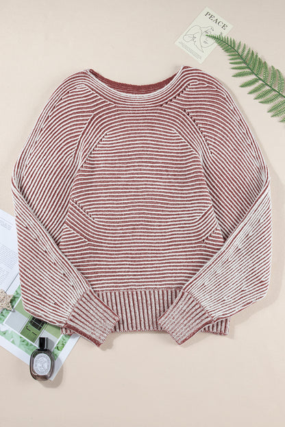Striped Print Ribbed Knit Raglan Sleeve Baggy Sweater