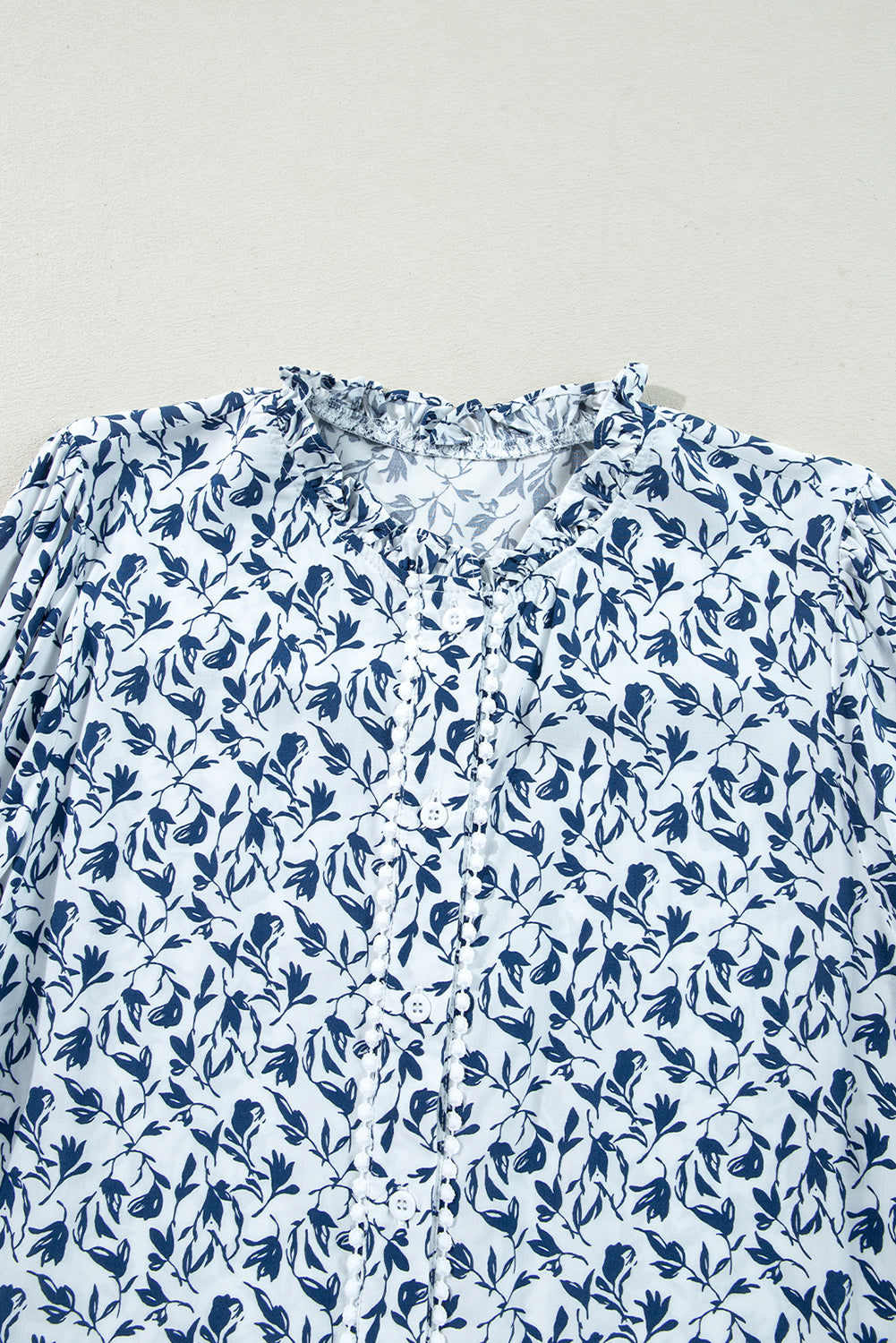Blue Floral Print Lace Detail Puff Sleeve Fall Shirt