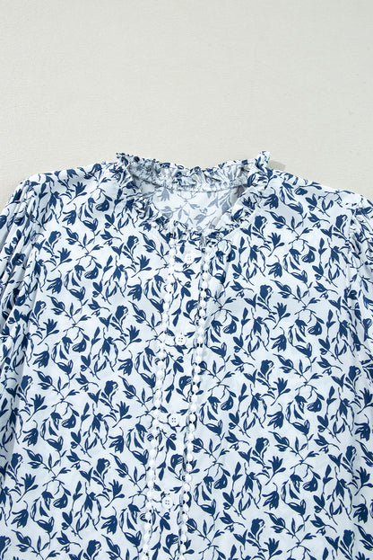 Blue Floral Print Lace Detail Puff Sleeve Fall Shirt