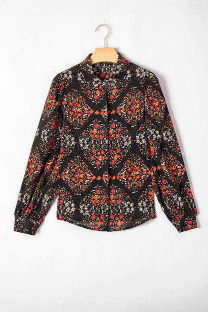 Strawberry Pink Floral Print Collared Button Up Puff Sleeve Shirt