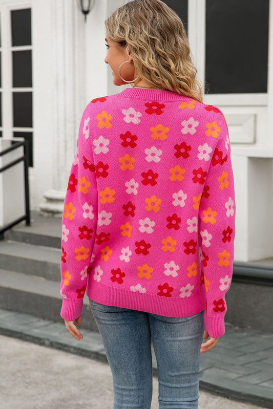 Rose Flower Allover Ribbed Trimmed Drop Shoulder Pullover Sweater