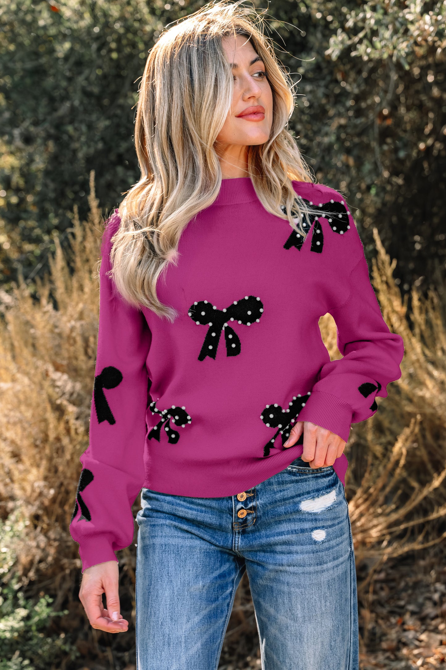 Pearl Embellished Bow Pattern Loose Sweater