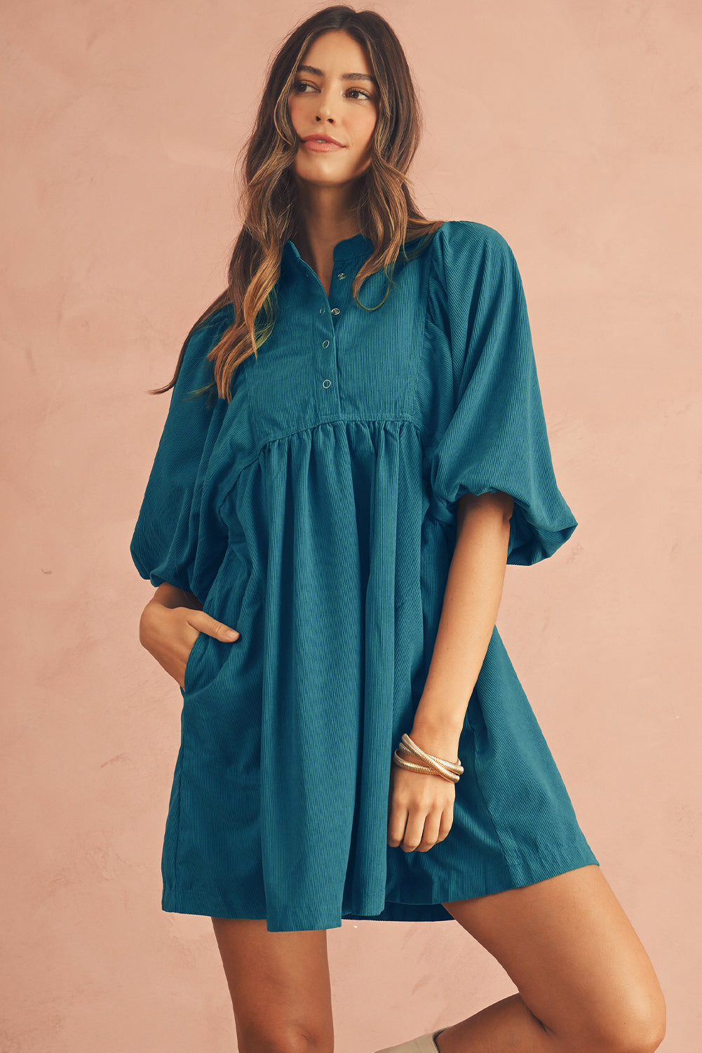 Light Snap Button Empire Waist Lantern Sleeve Corduroy Dress