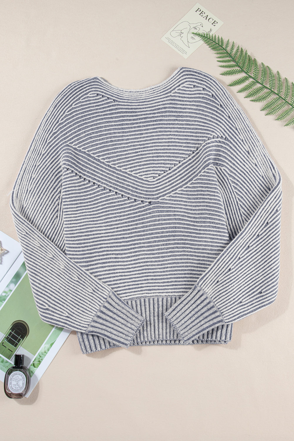Striped Print Ribbed Knit Raglan Sleeve Baggy Sweater
