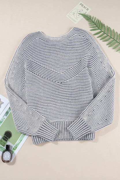 Striped Print Ribbed Knit Raglan Sleeve Baggy Sweater