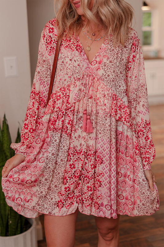 Pink Boho Floral Print Tassel Tie Long Sleeve Flowy Mini Dress