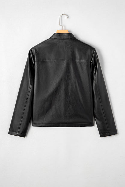 Black Faux Leather Buttoned Front Boxy Jacket