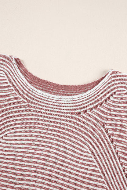 Striped Print Ribbed Knit Raglan Sleeve Baggy Sweater
