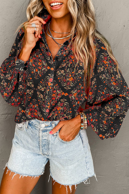 Strawberry Pink Floral Print Collared Button Up Puff Sleeve Shirt