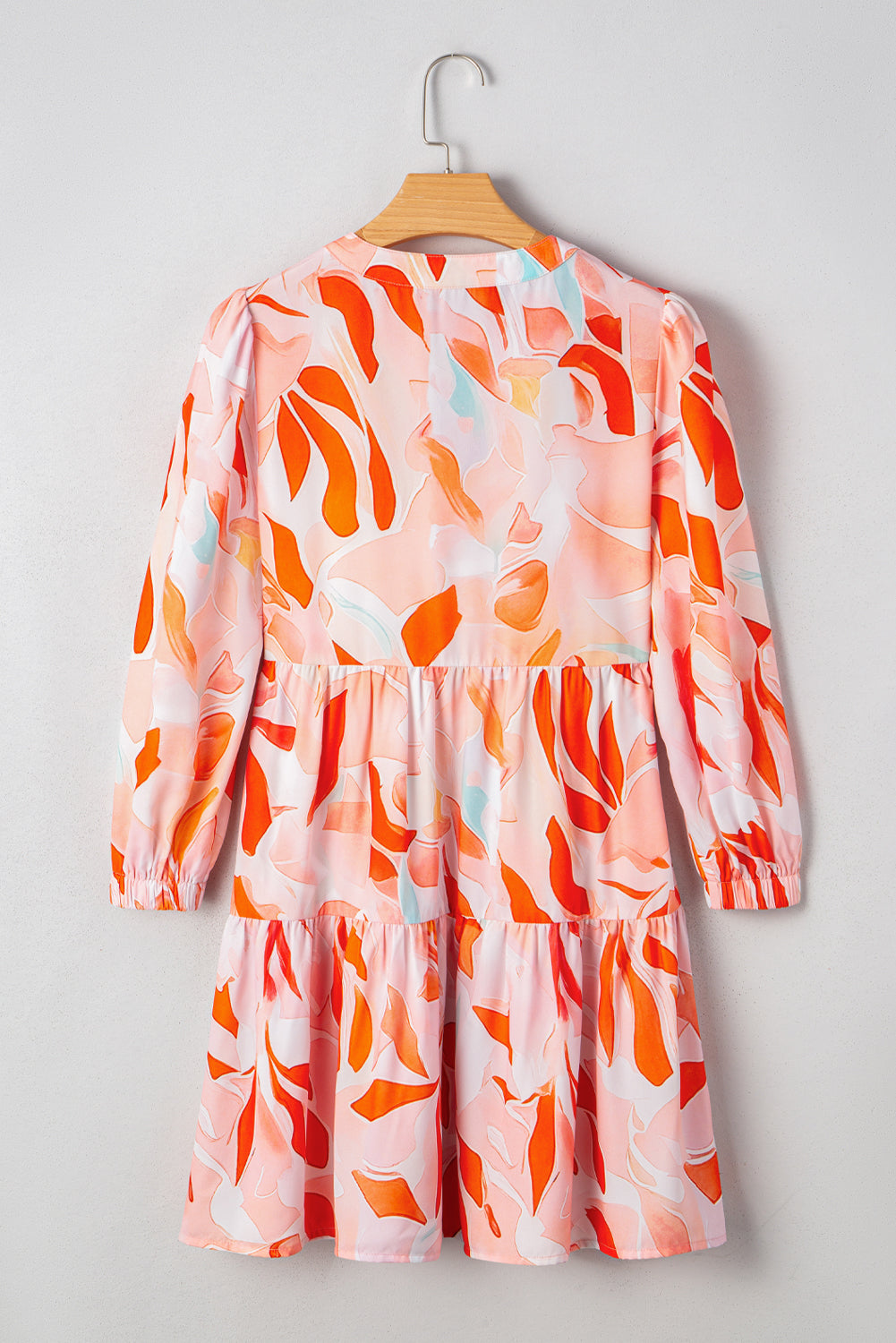Orange Abstract Print Split Neck Long Sleeve Dress