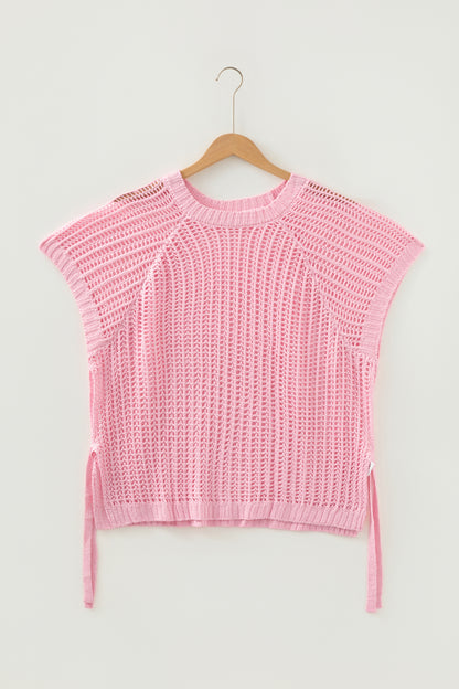 Open Knit Bow Tie Short Sleeve Sweater