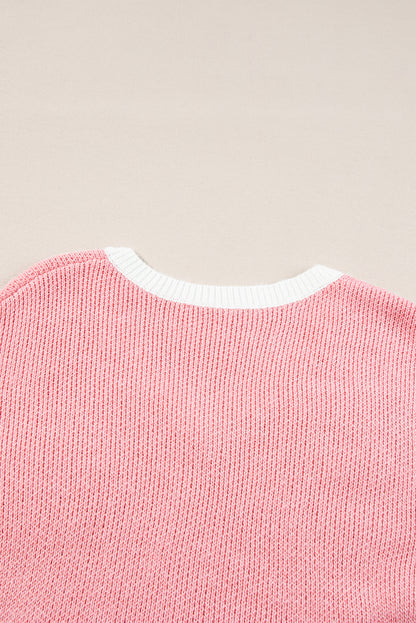 Pink Floral Patched Contrast Trim V Neck Sweater