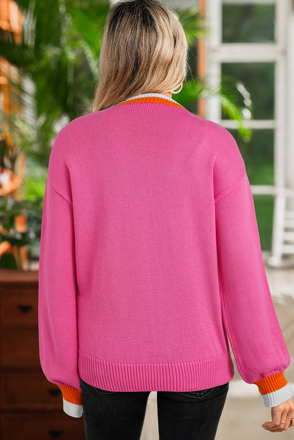 Sachet Pink Contrast Collar Pearl Decor Sweater