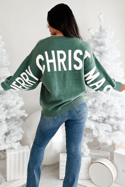 Green MERRY CHRISTMAS HO HO HO Drop Shoulder Loose Sweater
