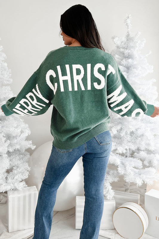 Green MERRY CHRISTMAS HO HO HO Drop Shoulder Loose Sweater