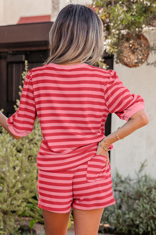 Stripe Puff Short Sleeve T Shirt Matching Shorts Set