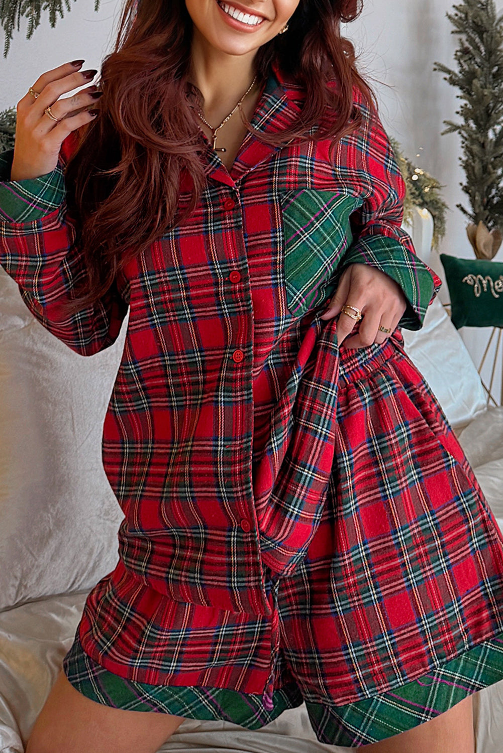 Green Plaid Christmas Holiday Patchwork Long Sleeve Shirt and Shorts Pajama Set