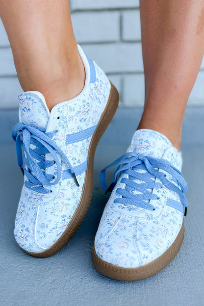 Light Blue Floral Print Lace-up PU Leather Flat Shoes