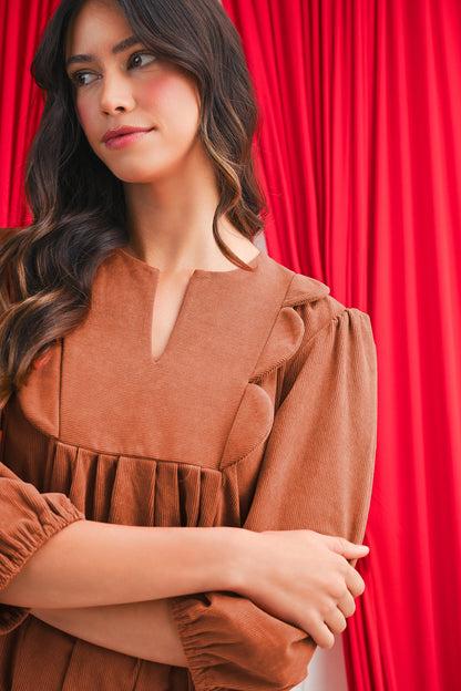 Split Neck Scallop Detail Pleated Corduroy Mini Dress