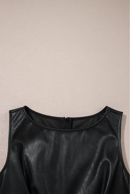 Black Faux Leather Sleeveless Round Neck Mini Dress