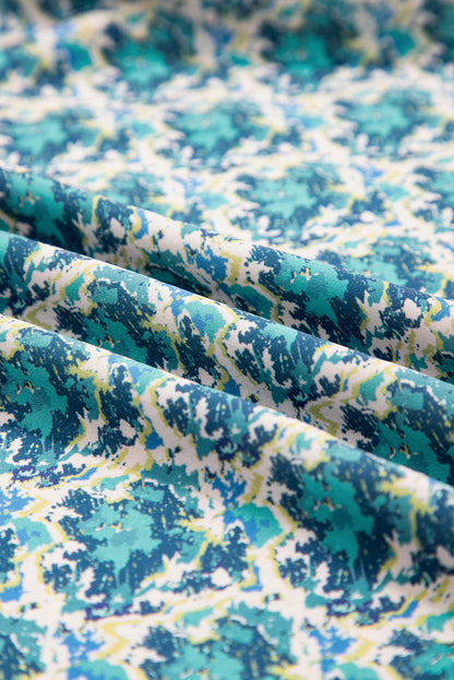 Green Abstract Print Shirred Cuff Puff Sleeve Blouse