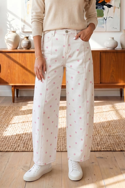 Tailored Seam Polka Dot Print Barrel Casual Jeans