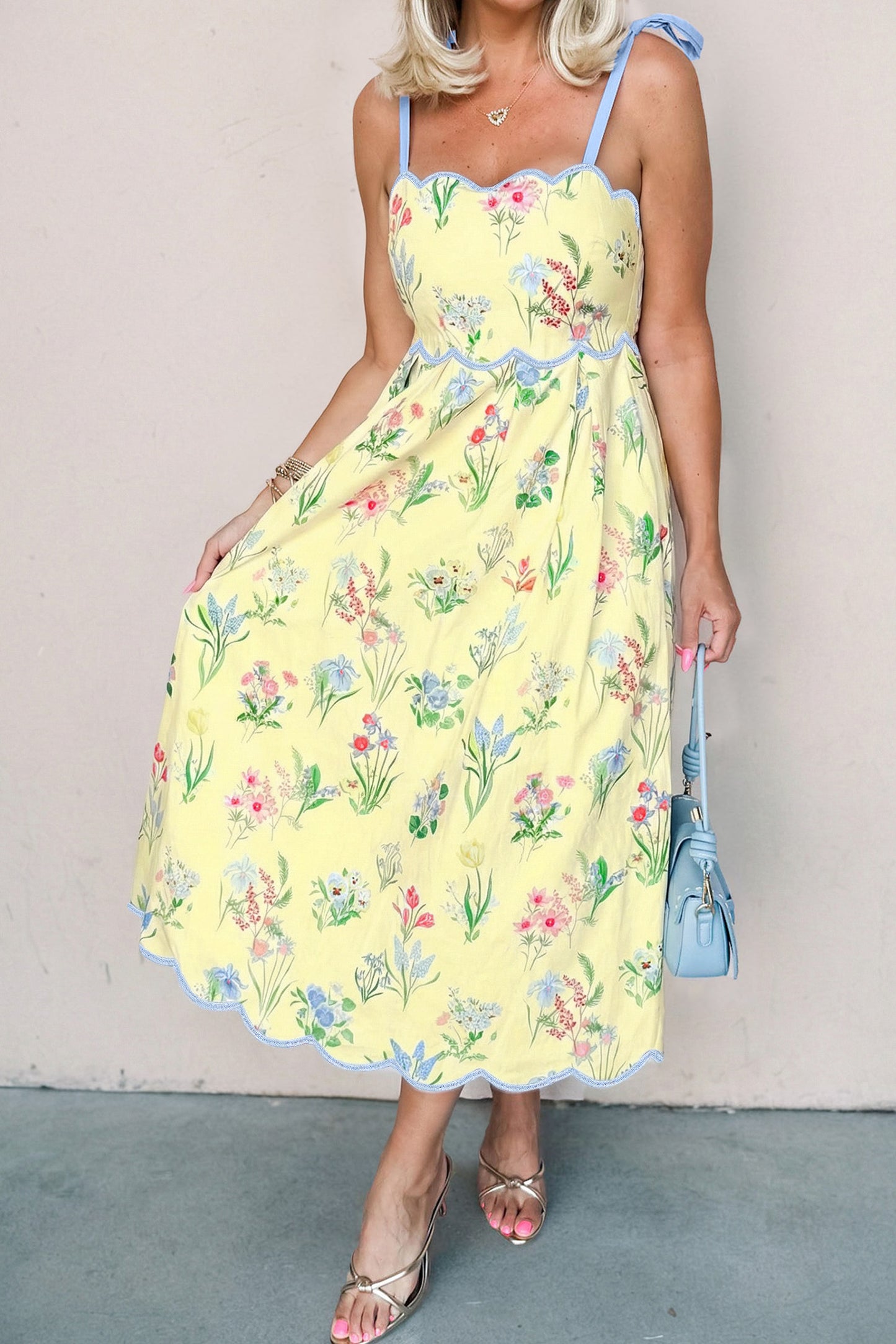 Floral Print Contrast Trim Self-tie Straps High Waist Midi Dress