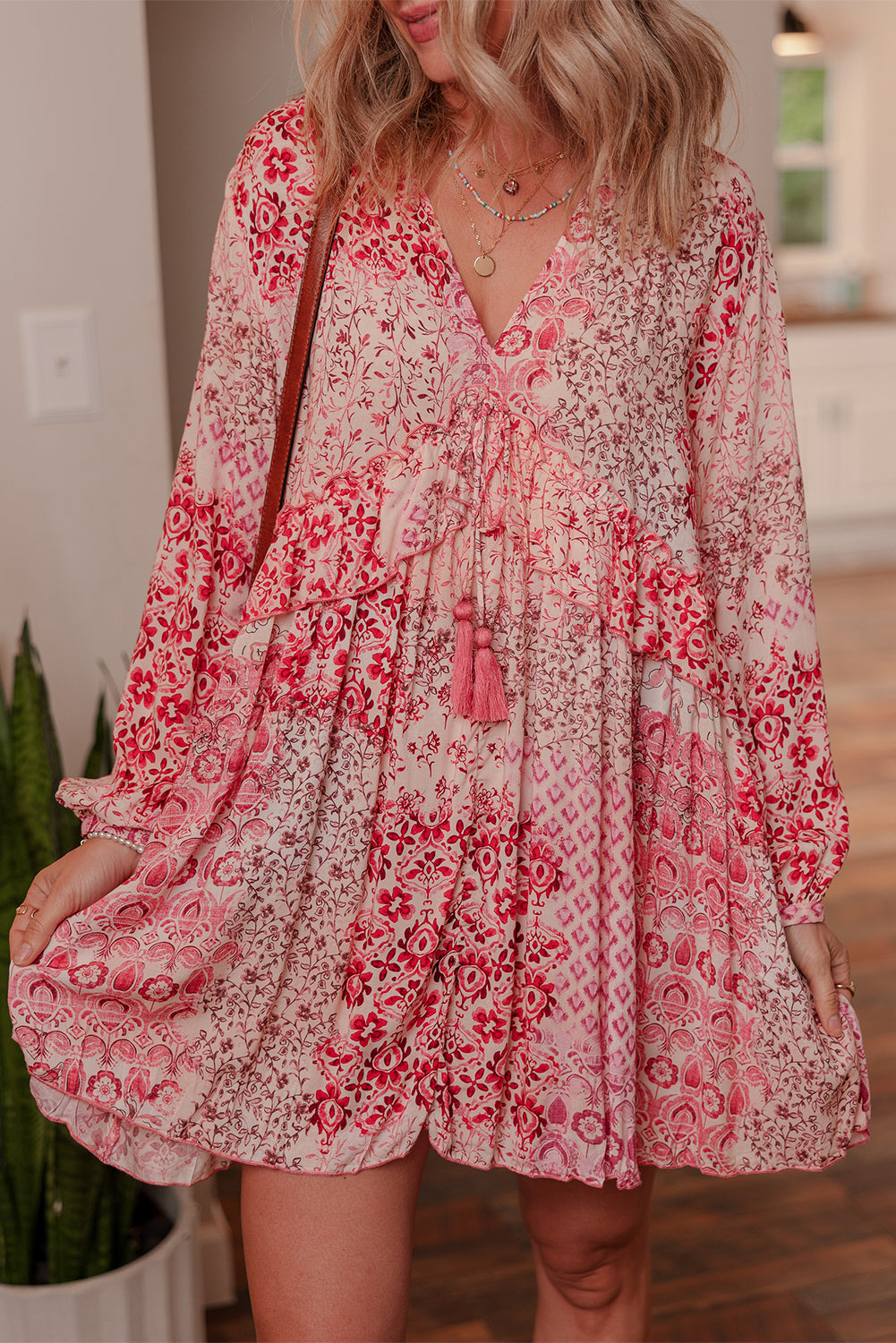 Pink Boho Floral Print Tassel Tie Long Sleeve Flowy Mini Dress