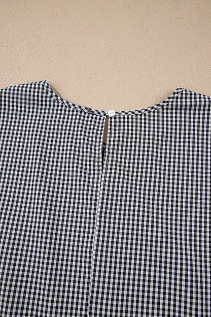 Black Plus Size Plaid Bow Decor Bell Sleeve Round Neck Blouse