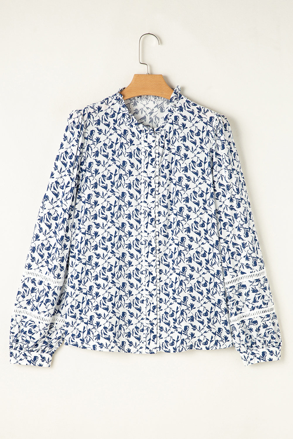 Blue Floral Print Lace Detail Puff Sleeve Fall Shirt