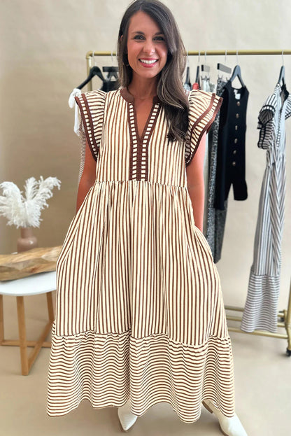 Stripe Double Ruffled Short Sleeve Contrast Trim V Neck Midi Dress