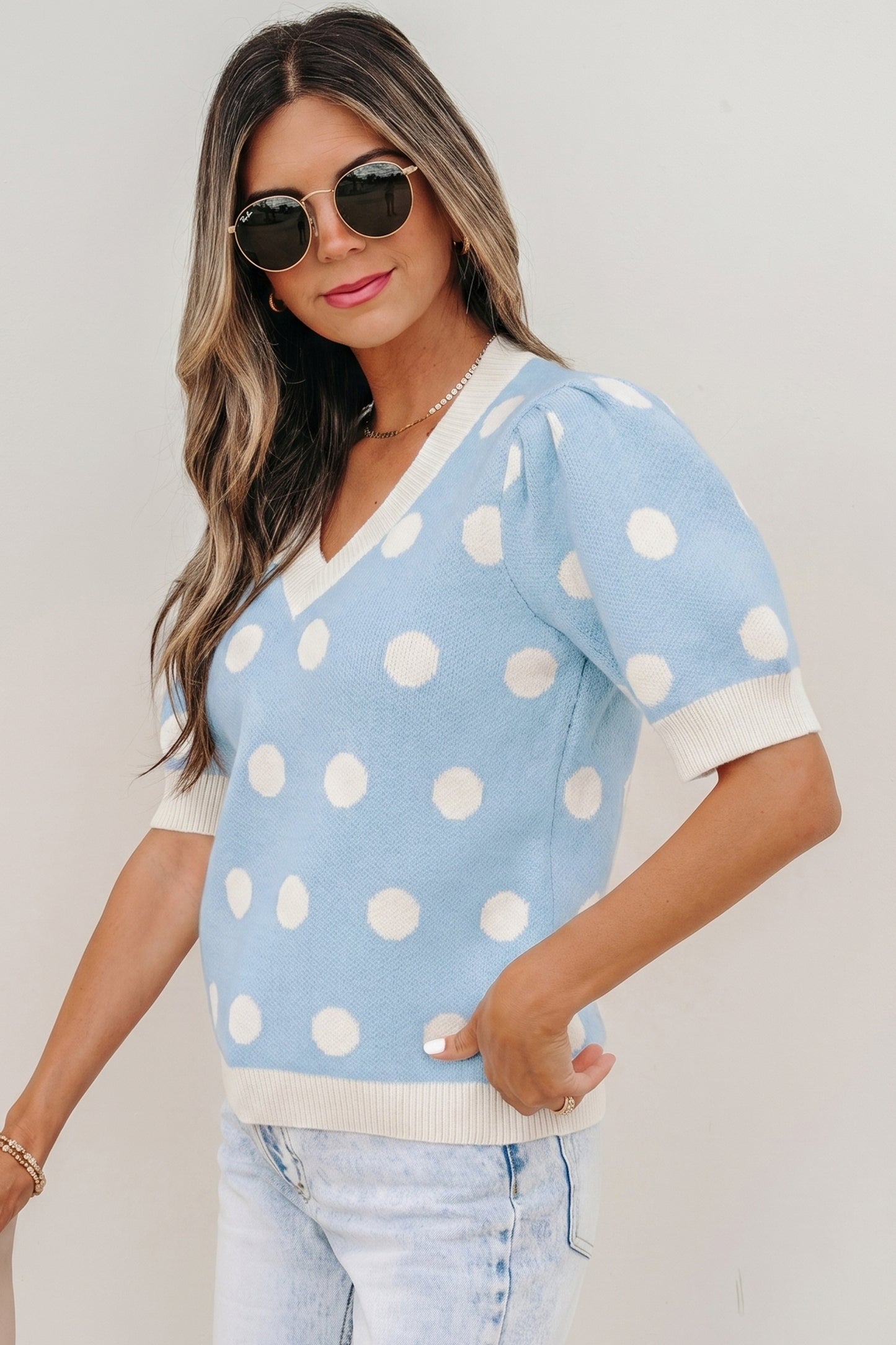 Polka Dot Puff Short Sleeve Sweater Top