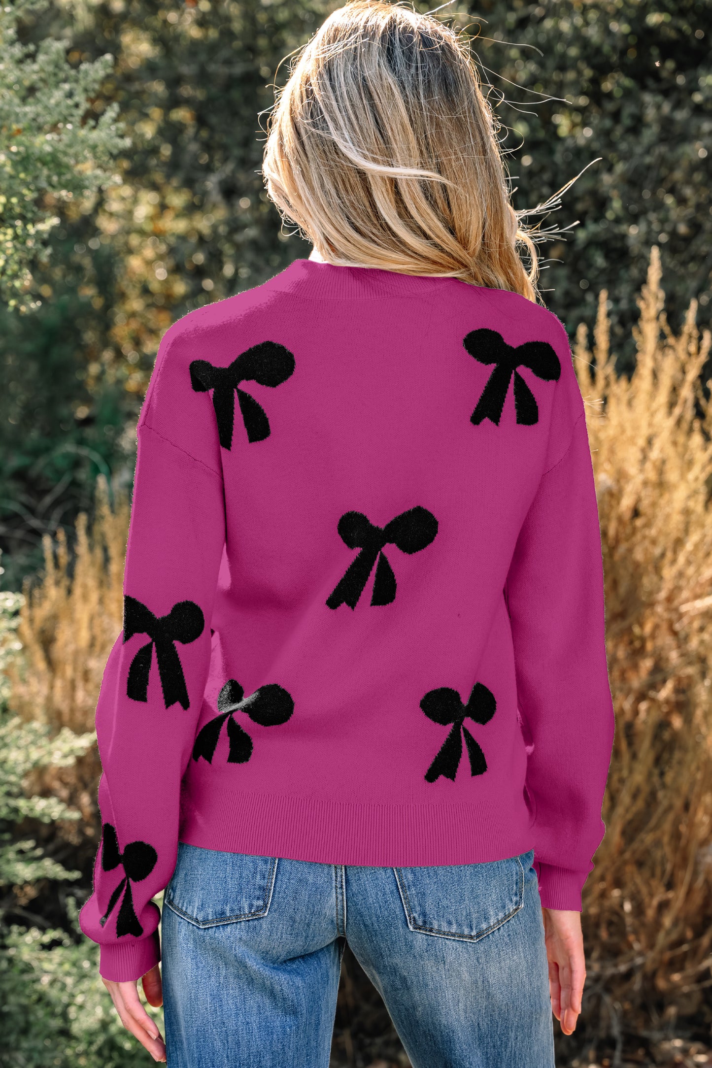 Pearl Embellished Bow Pattern Loose Sweater
